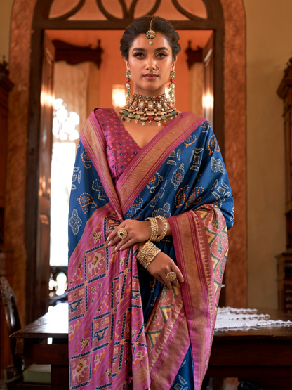 Admiral Blue Woven Patola Tussar Silk Saree