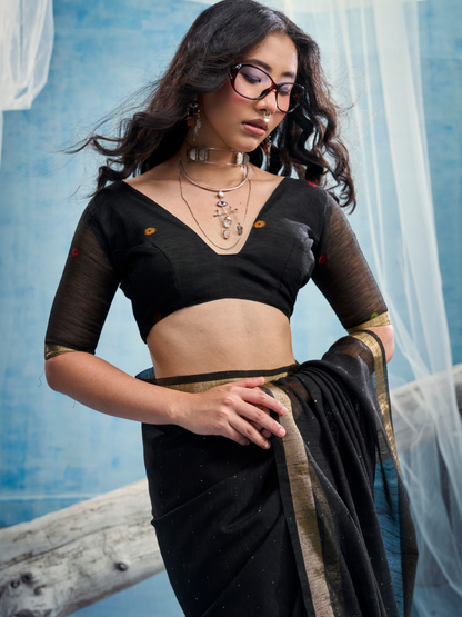 Ink Black Munga Silk Handloom Saree