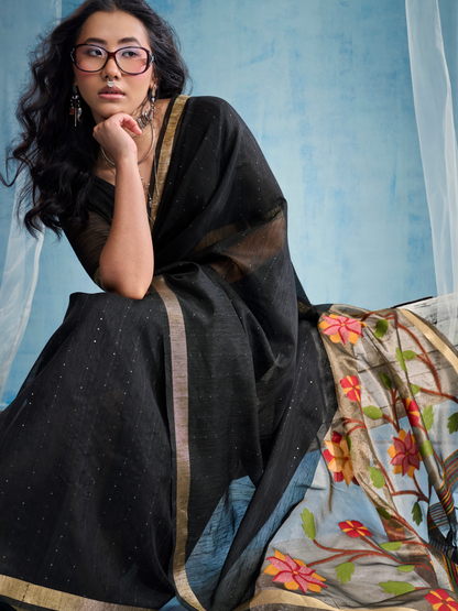 Ink Black Munga Silk Handloom Saree