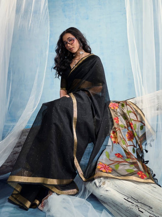 Ink Black Munga Silk Handloom Saree