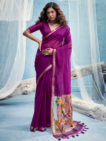 Bright Purple Munga Silk Handloom Saree