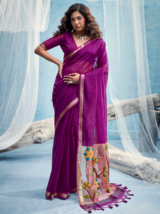 Bright Purple Munga Silk Handloom Saree