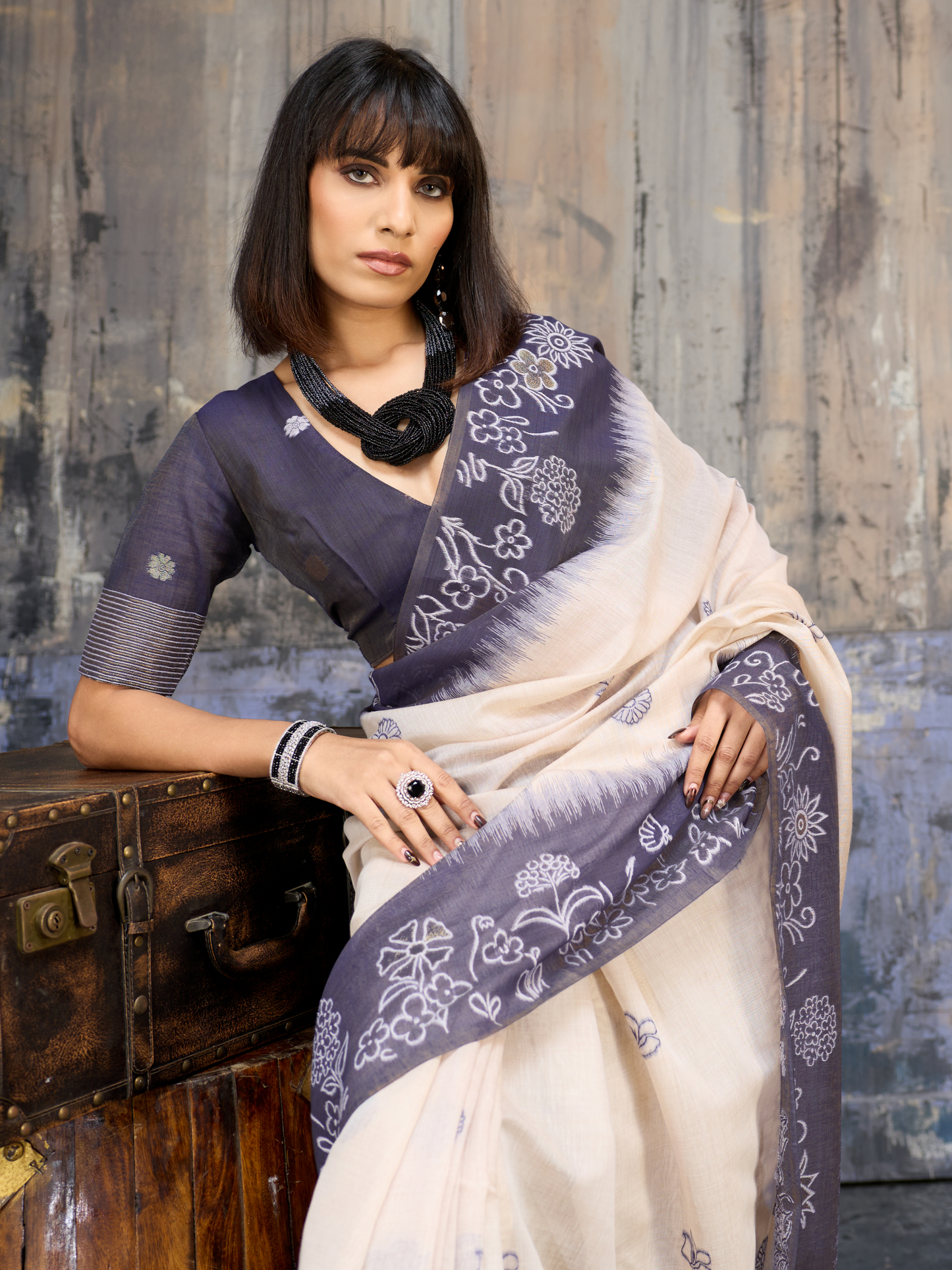 Steel Blue Printed Cotton Silk Saree