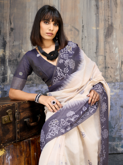 Steel Blue Printed Cotton Silk Saree