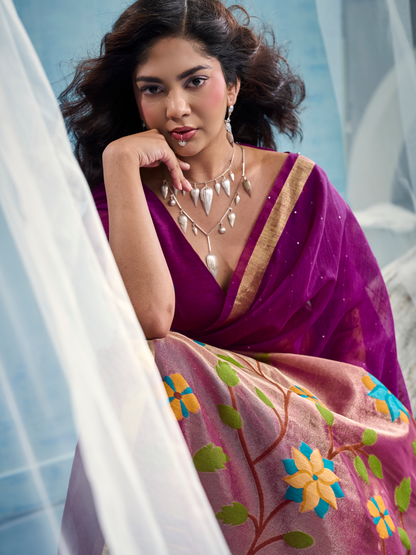 Bright Purple Munga Silk Handloom Saree