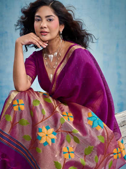 Bright Purple Munga Silk Handloom Saree