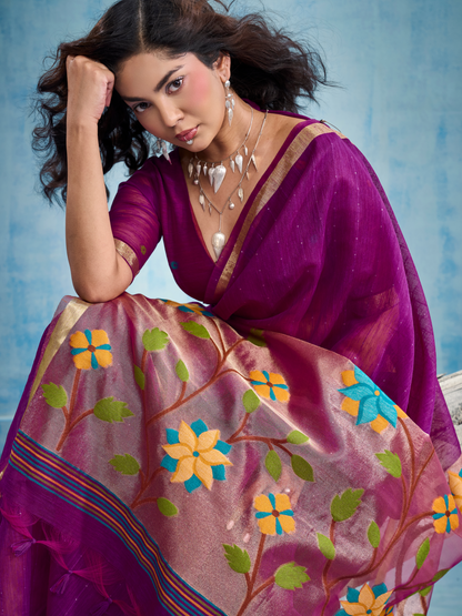 Bright Purple Munga Silk Handloom Saree
