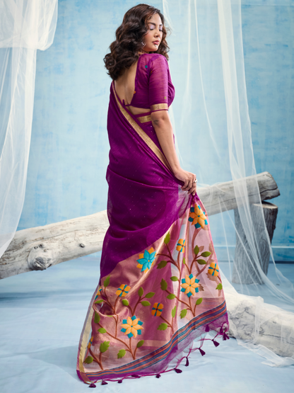Bright Purple Munga Silk Handloom Saree