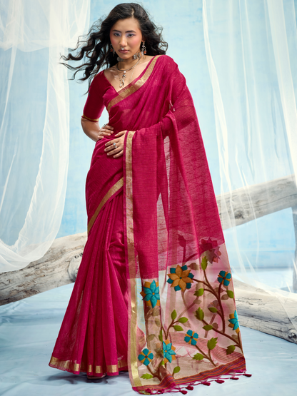 Rani Pink Munga Silk Handloom Saree