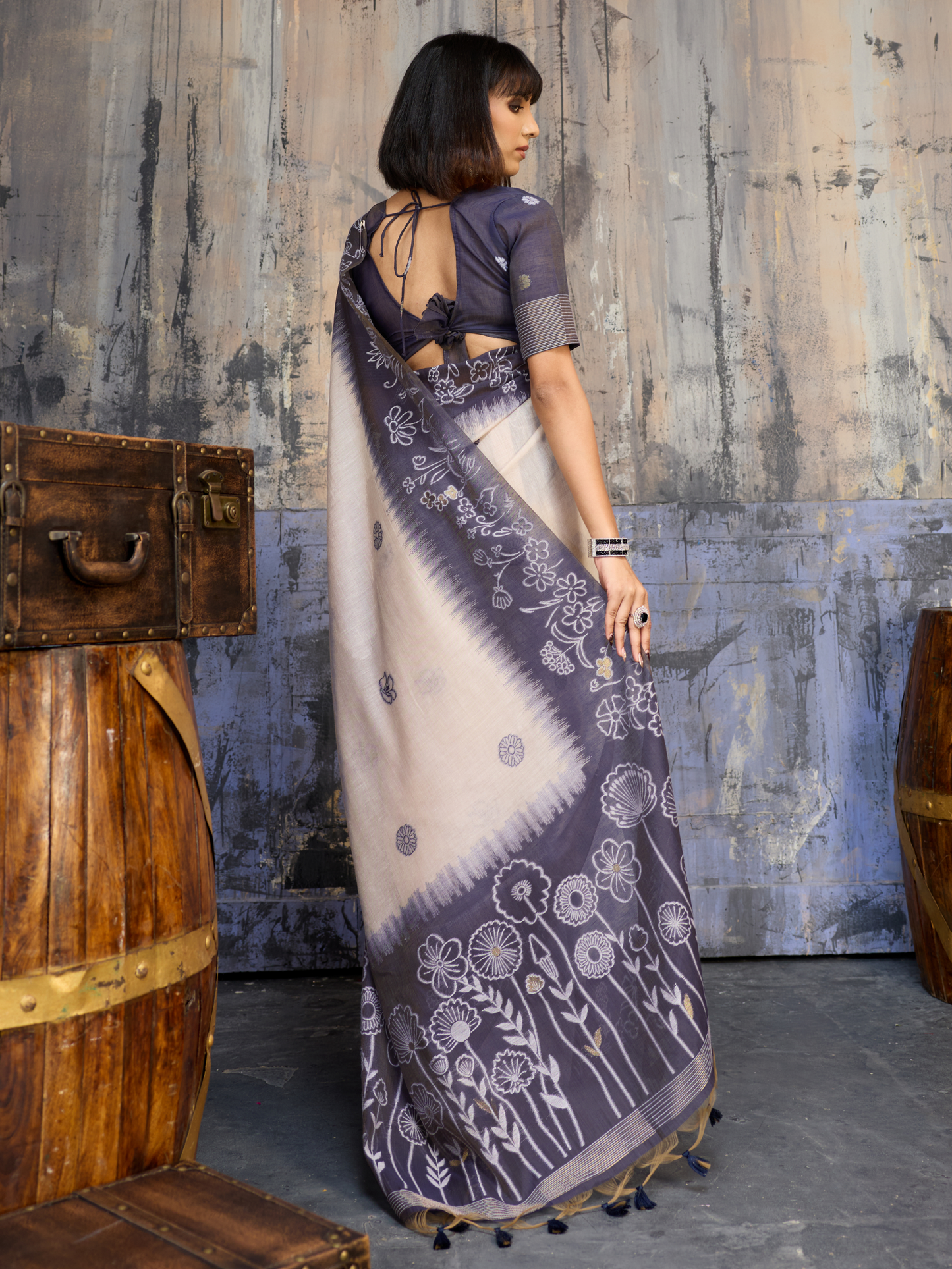 Steel Blue Printed Cotton Silk Saree