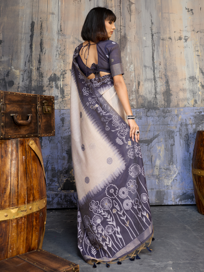 Steel Blue Printed Cotton Silk Saree