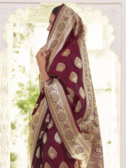 Deep Wine Satin Silk Banarasi Saree