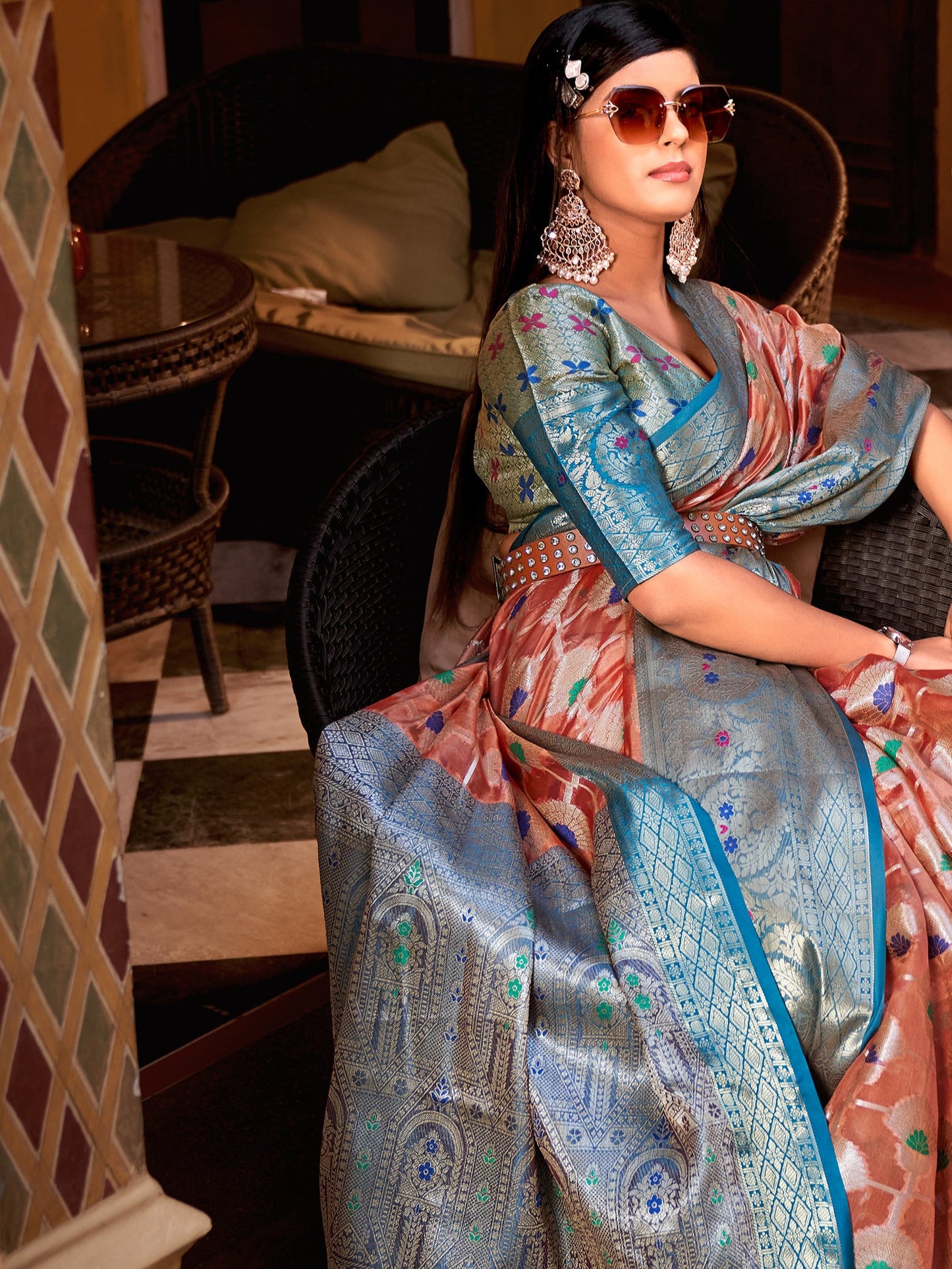 Coral Peach Tissue Silk Saree