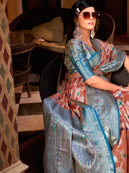 Coral Peach Tissue Silk Saree
