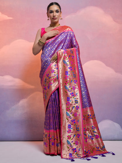 Orchid Blue Woven Paithani Silk Saree