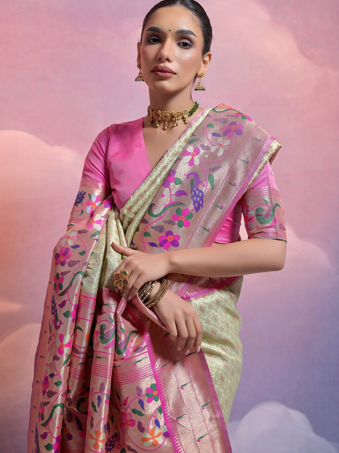 Pista Green Woven Paithani Silk Saree