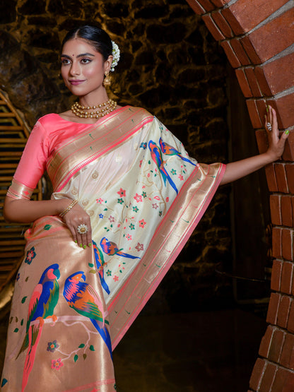 Pure Off White Woven Paithani Saree