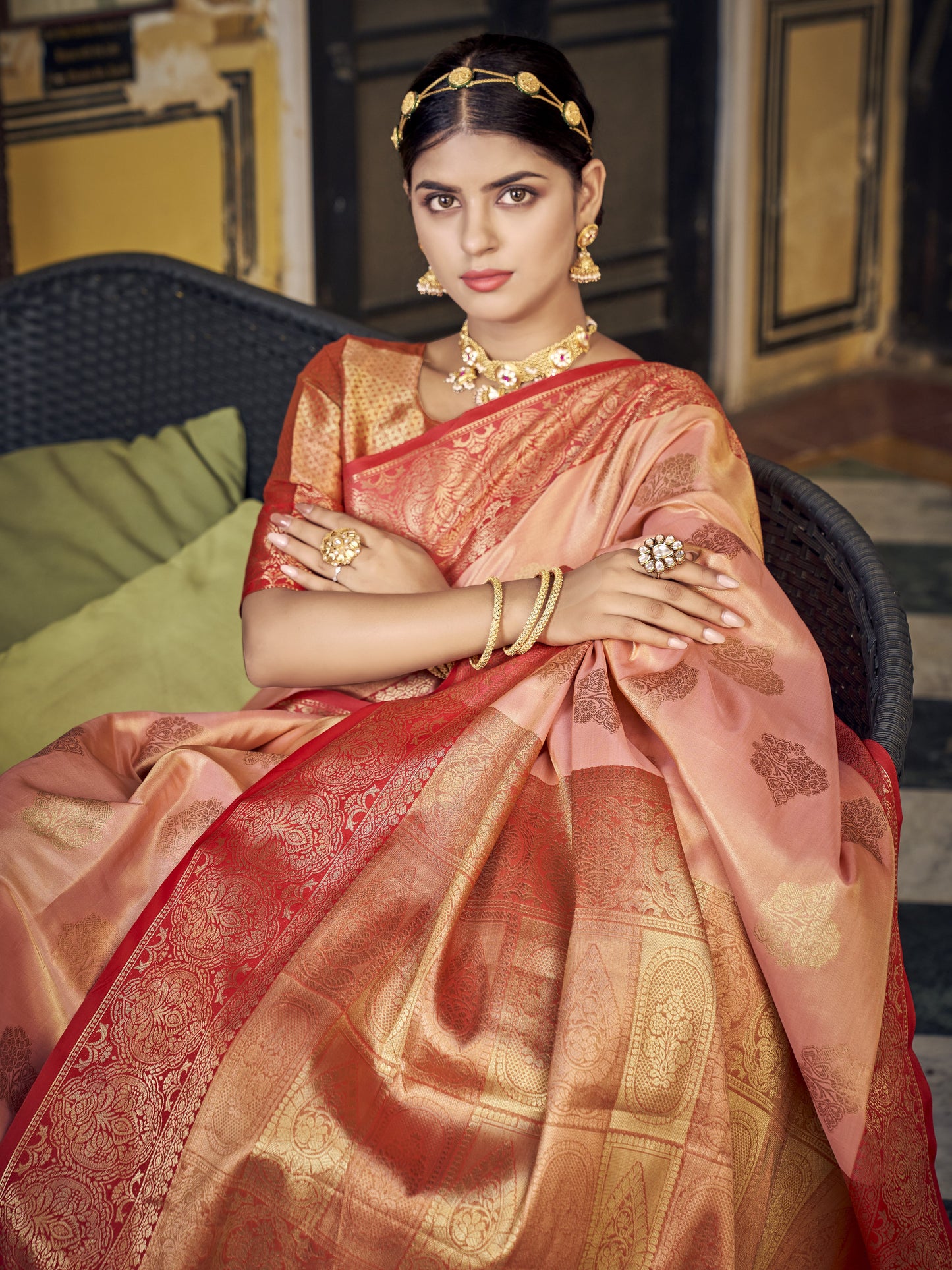 Salmon Peach Tissue Silk Saree