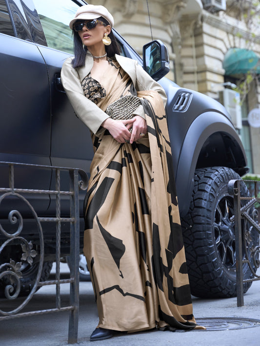 Camel Brown Satin Crepe Print Saree