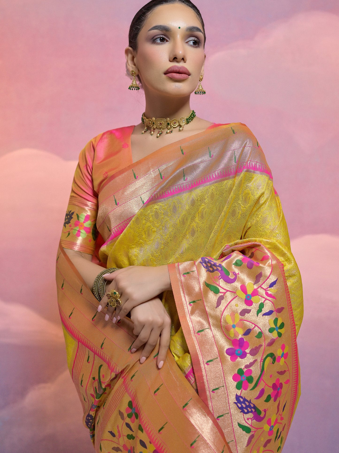 Golden Yellow Woven Paithani Silk Saree