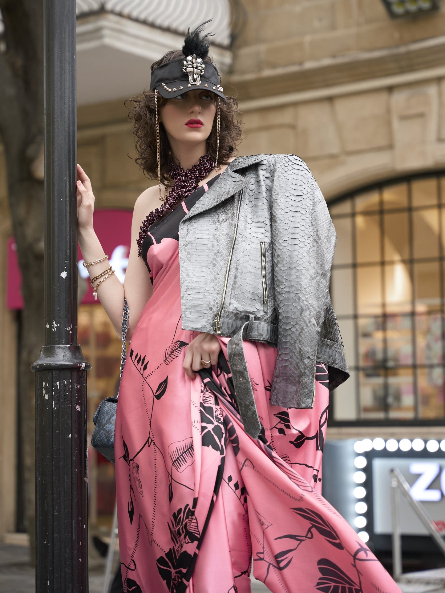 Persian Pink Satin Crepe Print Saree