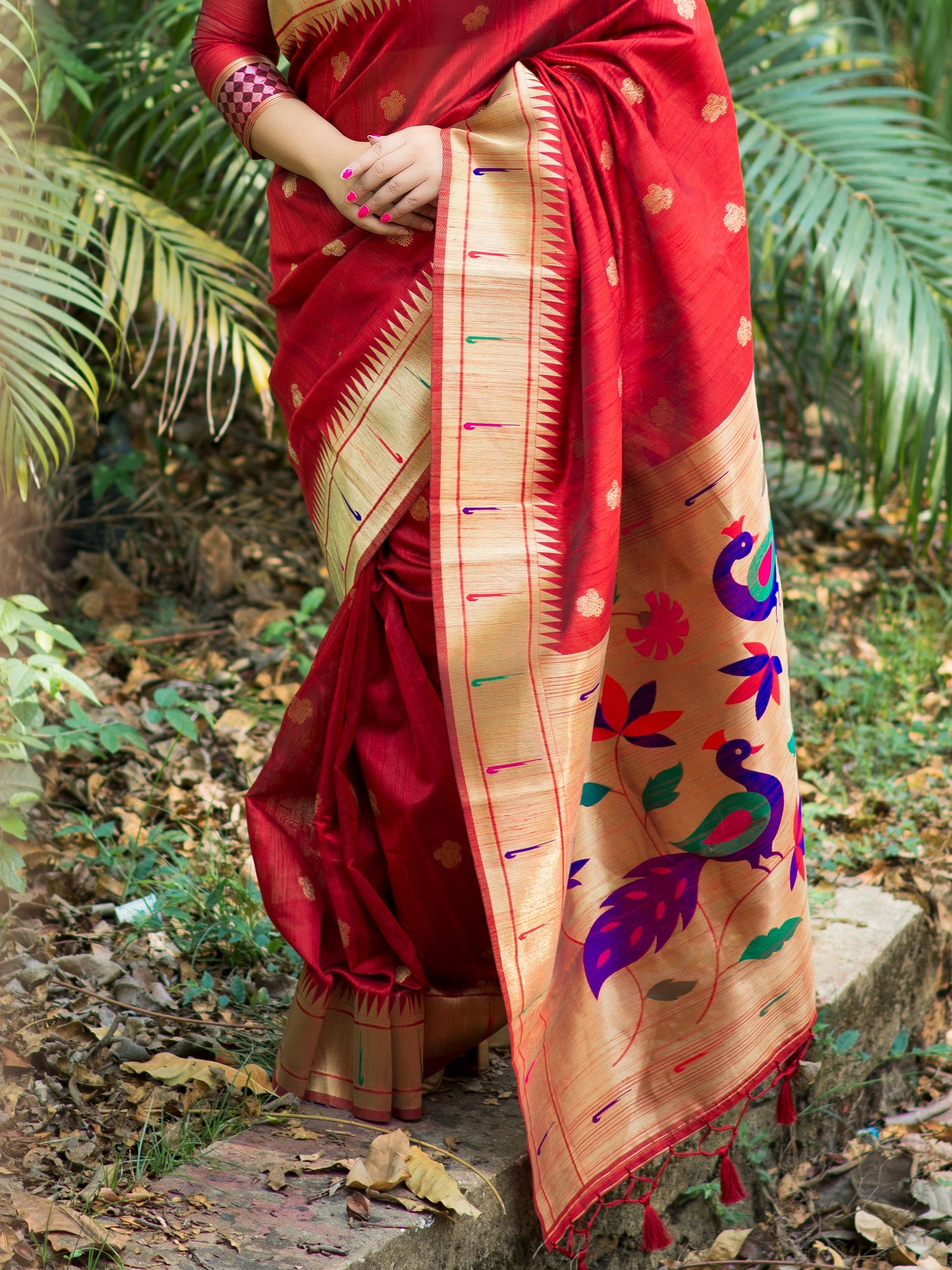 Coral Red Tussar Silk Paithani Saree