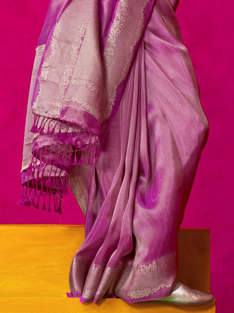 Festive Purple Zari Woven Tissue Silk Saree with Contrast Blouse