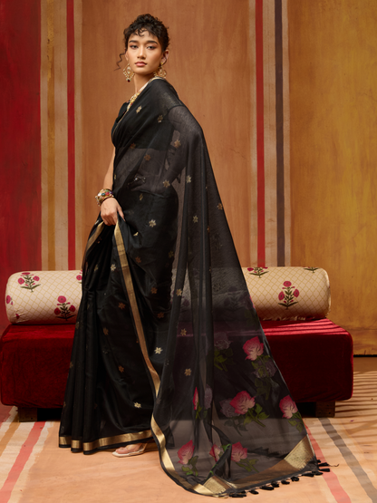 Coal Black Spun Cotton Weaving Saree