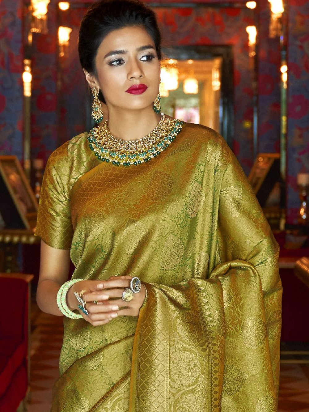 Olive Green Kanjivaram Saree
