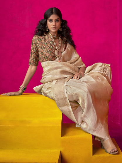 Misty White Zari Woven Tissue Silk Saree with Contrast Blouse