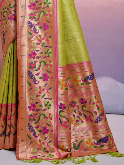 Lime Green Woven Paithani Silk Saree