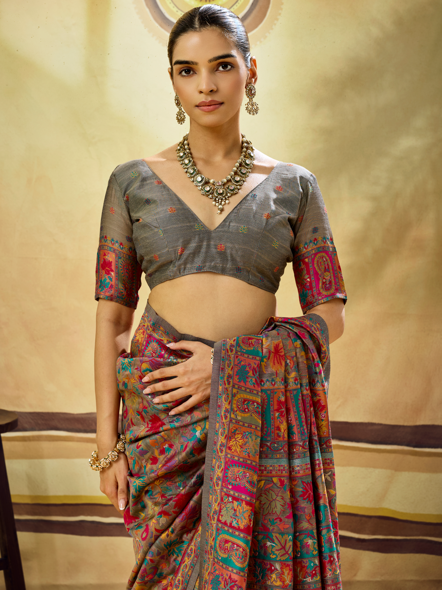 Ash Gray Woven Kashmiri Cotton Saree