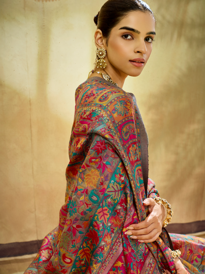 Ash Gray Woven Kashmiri Cotton Saree