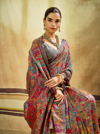 Ash Gray Woven Kashmiri Cotton Saree