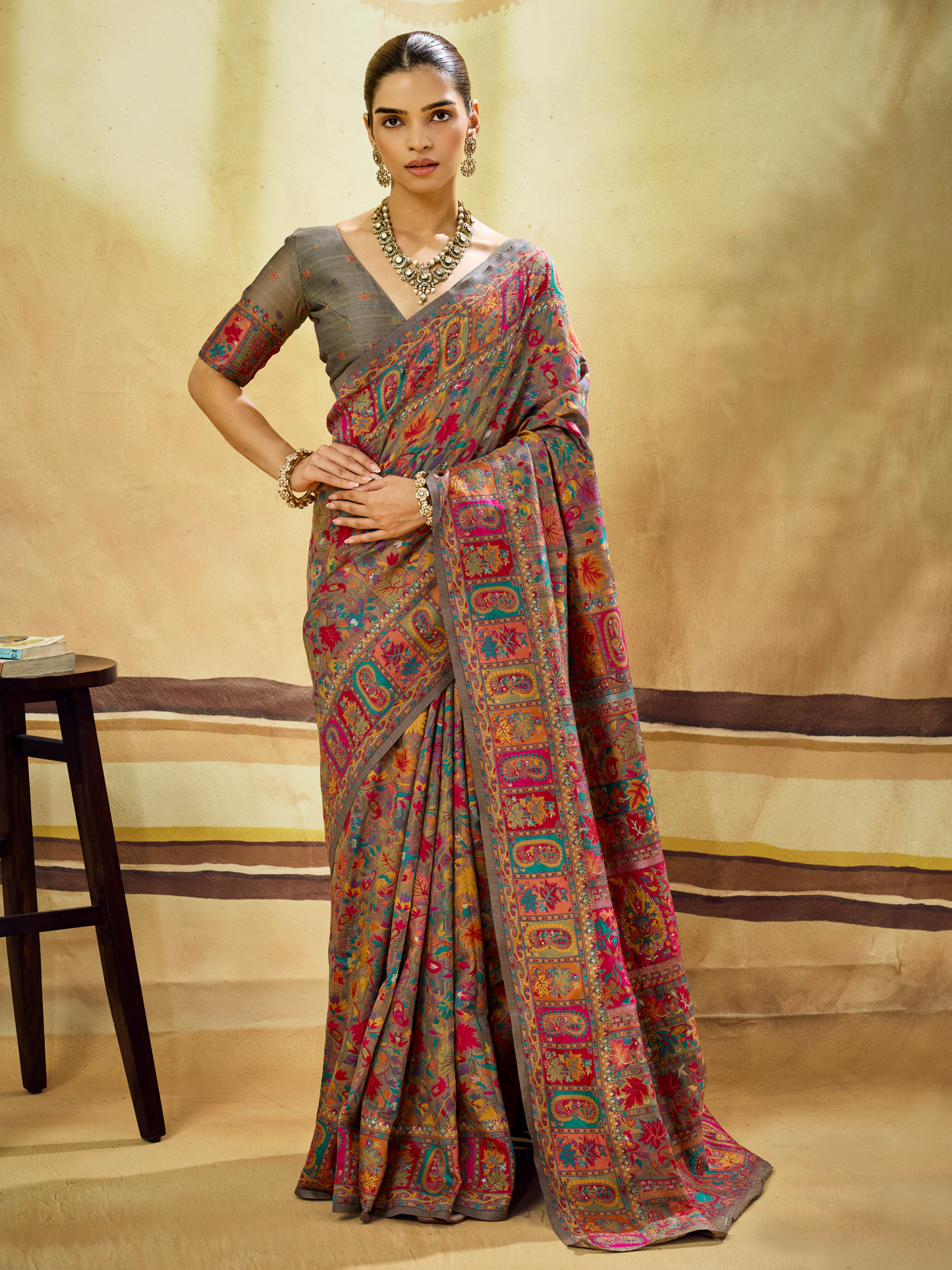 Ash Gray Woven Kashmiri Cotton Saree