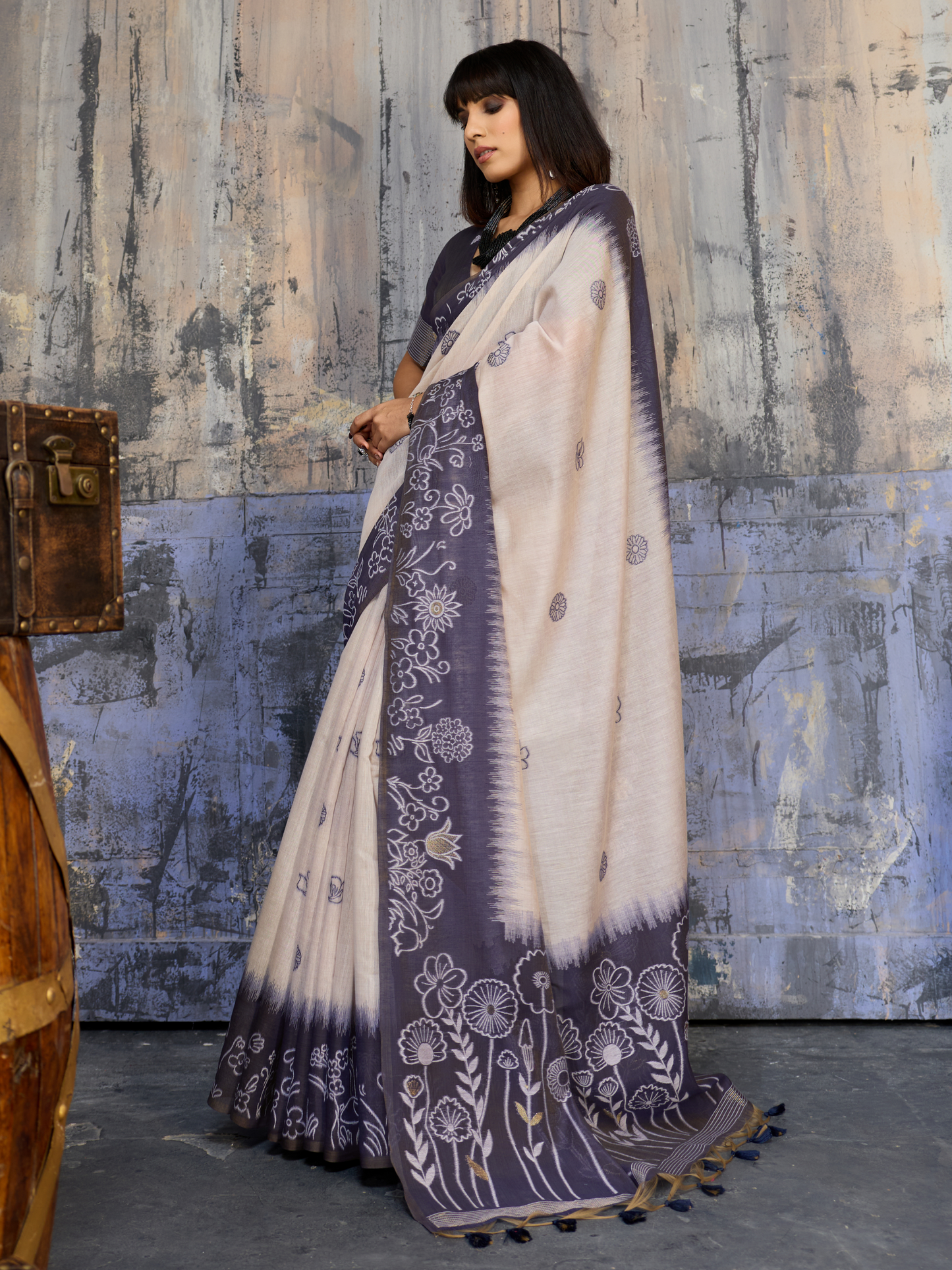 Steel Blue Printed Cotton Silk Saree