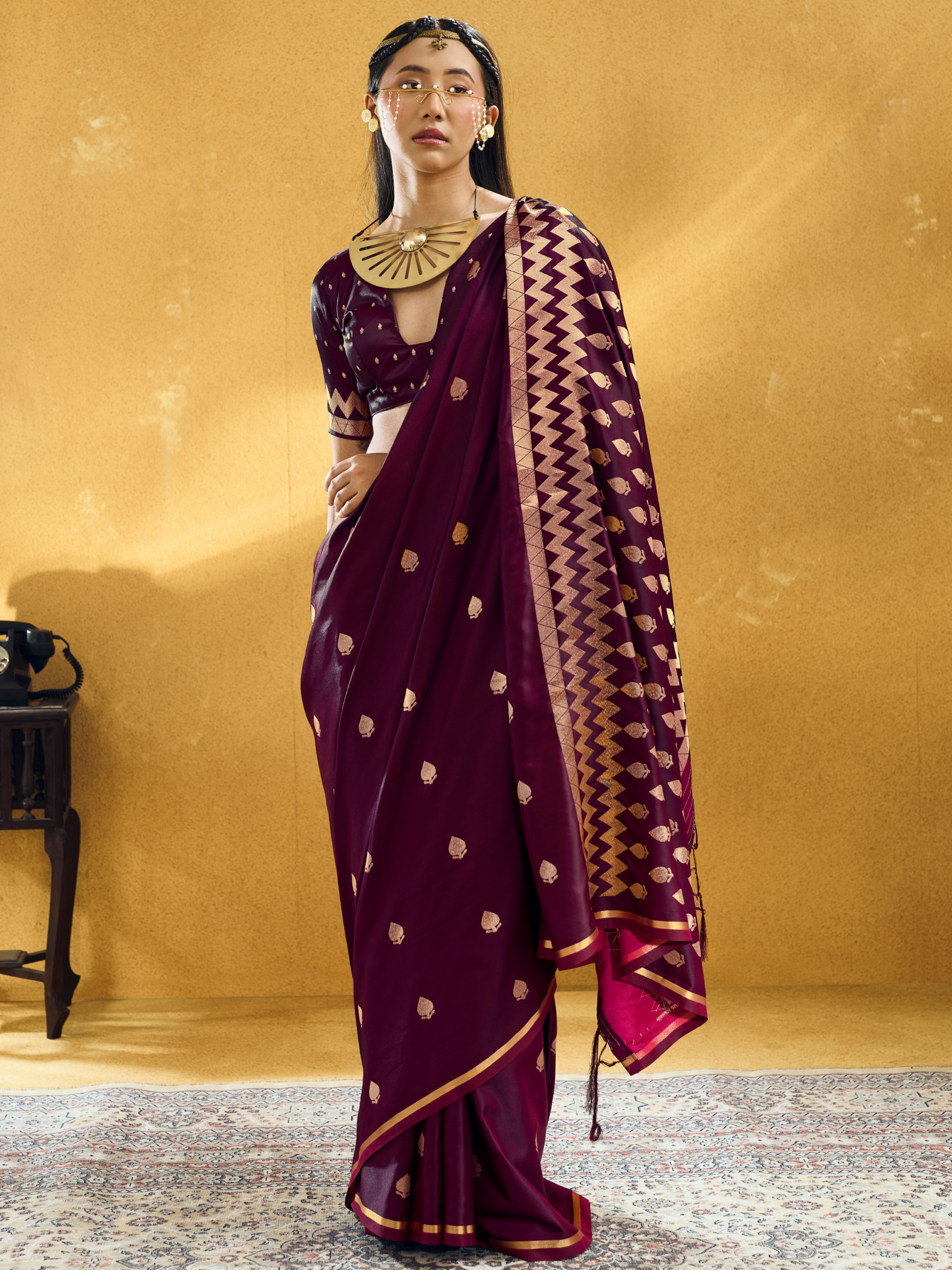 wine color silk saree