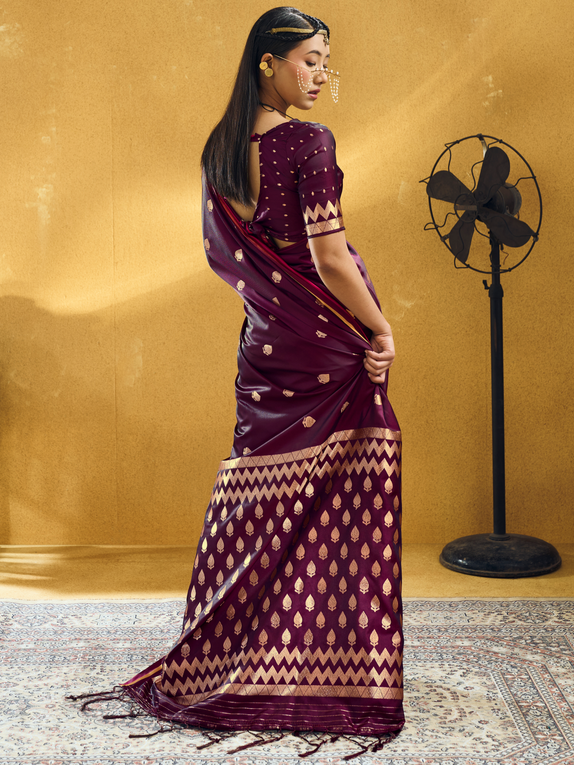 wine colour saree look