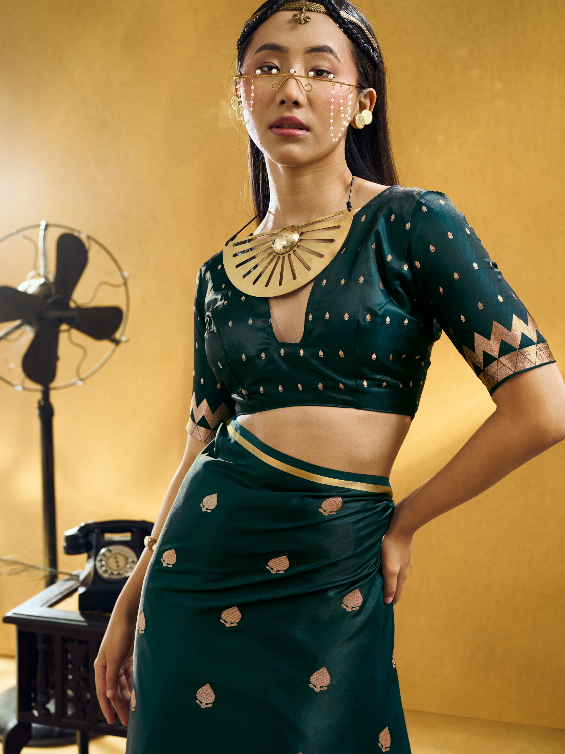 green saree blouse look