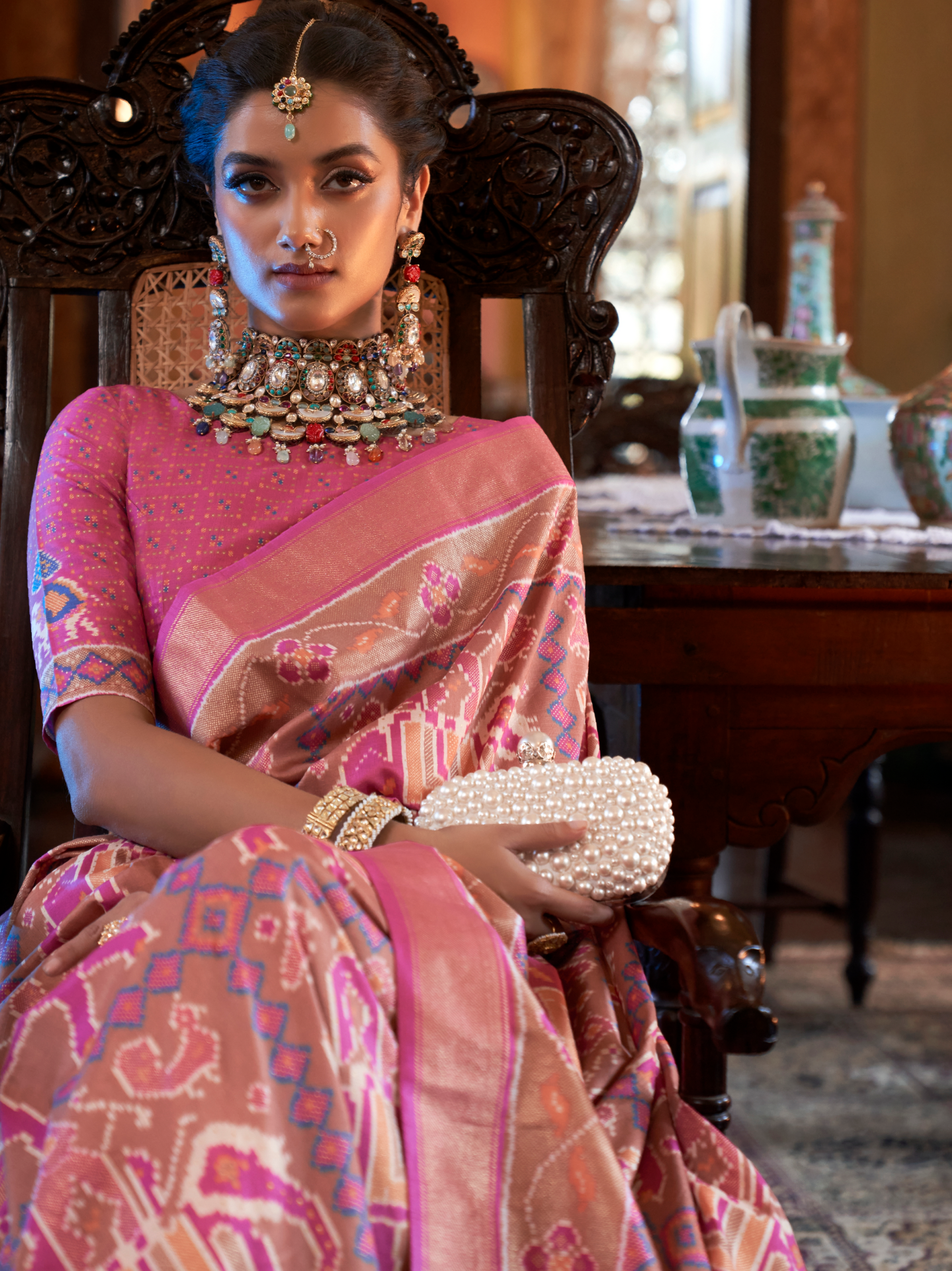 pink and beige saree