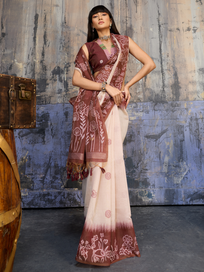 Brick Brown Printed Cotton Silk Saree