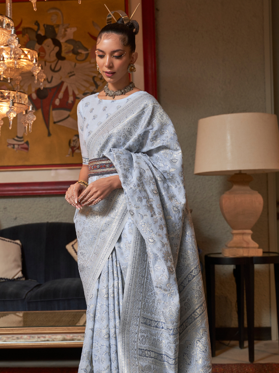 Light Blue Woven Kashmiri Cotton Silk Saree