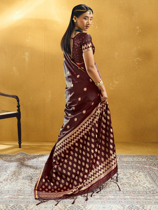 coffee brown silk saree with contrast blouse