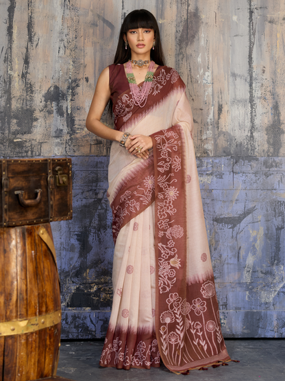 Brick Brown Printed Cotton Silk Saree