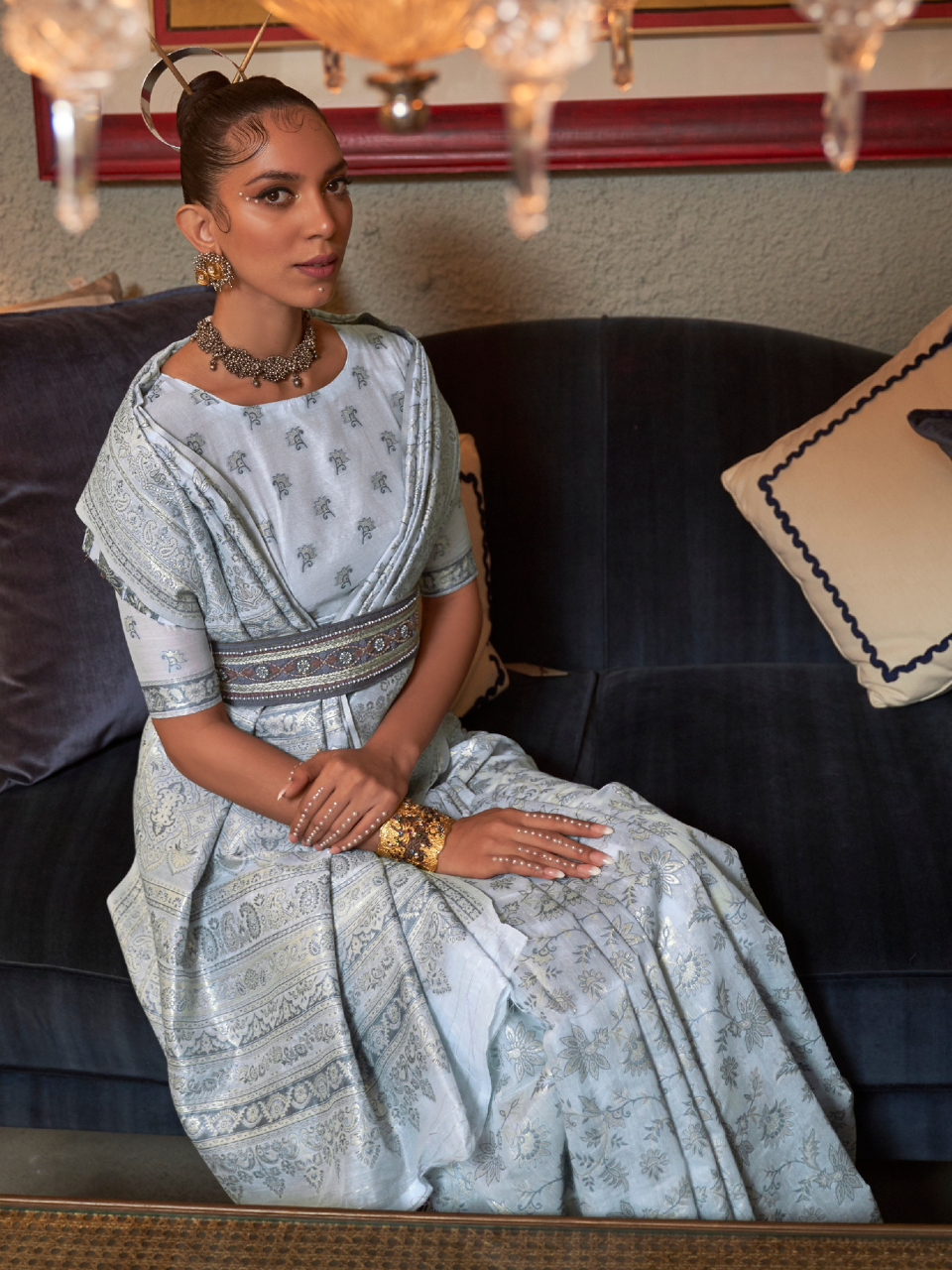 Light Blue Woven Kashmiri Cotton Silk Saree