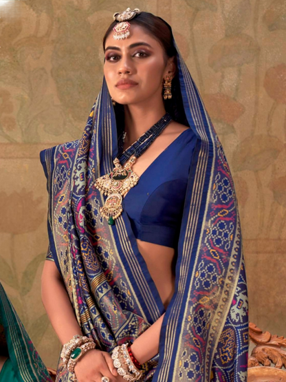 Blueberry Blue Printed Patola Silk Saree