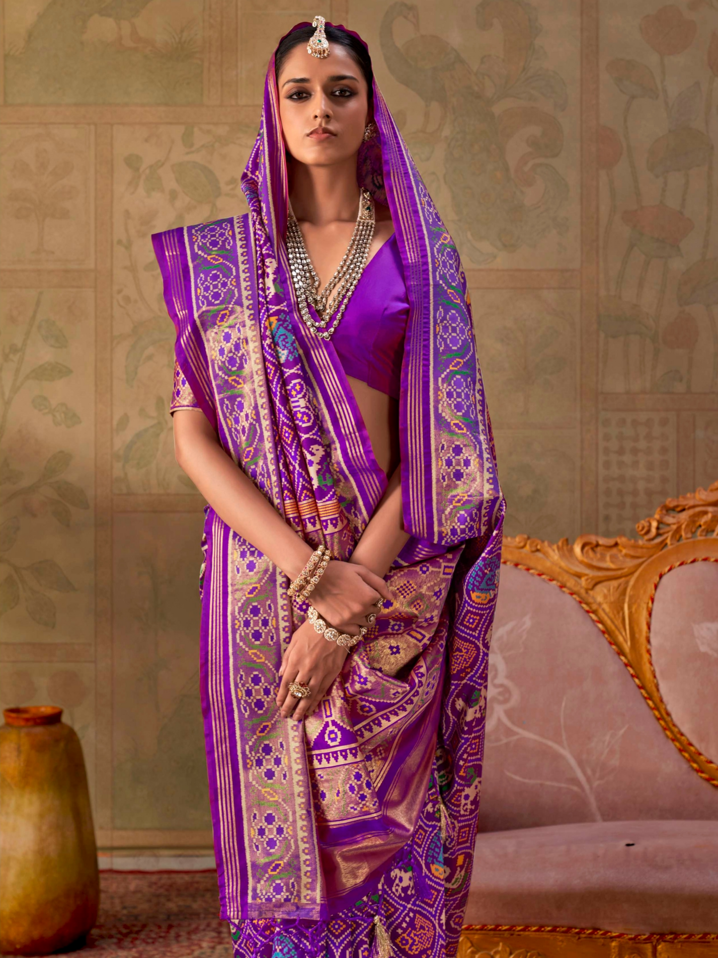 Deep Purple Printed Patola Silk Saree