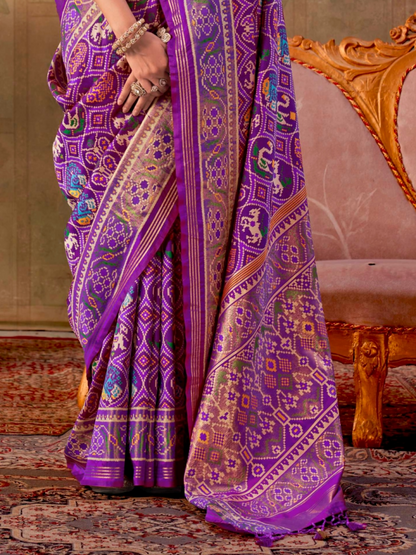 Deep Purple Printed Patola Silk Saree