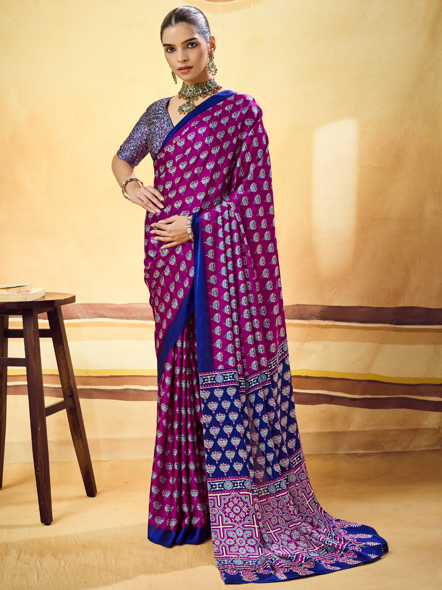 Grape Violet Printed Satin Silk Saree