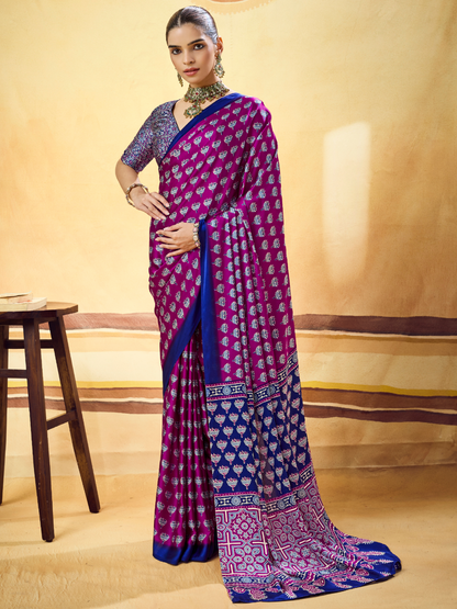 Grape Violet Printed Satin Silk Saree